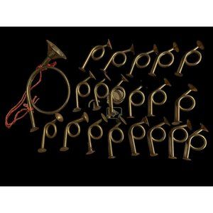 Vintage Brass Patina French Horn Christmas Tree Ornaments Lot of 20